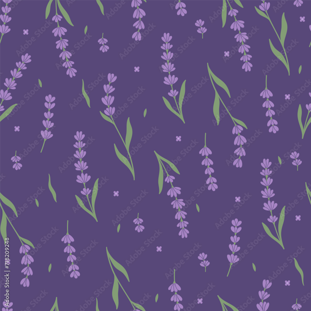 Seamless pattern with lavender flowers on a dark background. Vector graphics. Seamless pattern with lavender flowers on a dark background. Vector graphics.
