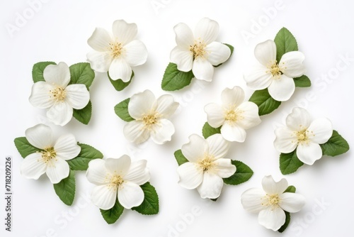  a group of white flowers with green leaves on a white background, top view, flat lay, flat lay, flat lay, flat lay, flat lay, flat lay.