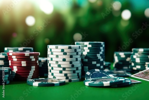 Poker chips on green casino table with bokeh background. Casino concept with copy space. Online casino. Gambling concept with copy space.