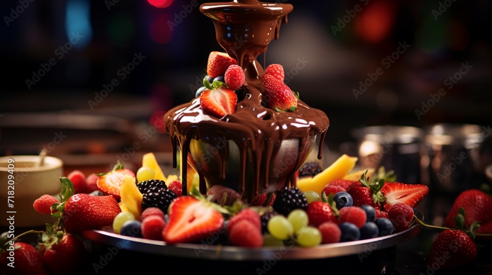 An ultra HD, mouthwatering photograph of a Peruvian chocolate fondue fountain, with the liquid chocolate flowing smoothly, ready to dip fresh fruits. High resolution 8K