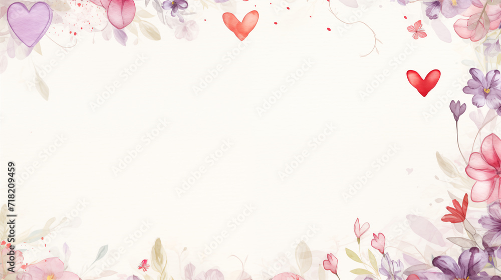 Valentine's day background with watercolor flowers and hearts. Beautiful floral frame with space for your text.