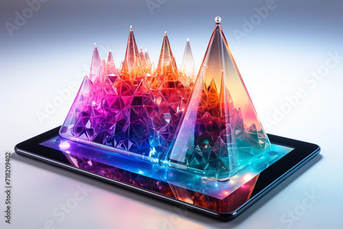 Digital tablet and geometric holographic colorful rainbow city