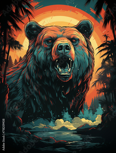 T-shirt design, cool vintage retro, colorful bear, retro sunset background сreated with Generative Ai