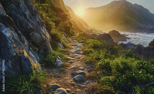Coastal Escape Landscapes, Pathway Amidst Rocks, Generative AI