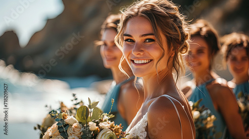 Happy Beautiful bride with bridesmaids in blue dresses on ocean background