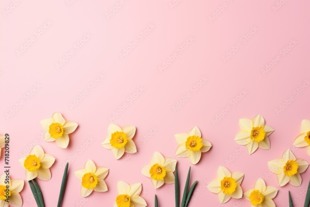  a group of yellow daffodils on a pink background with a place for a text or an image of daffodils on a pink background with yellow daffodils.