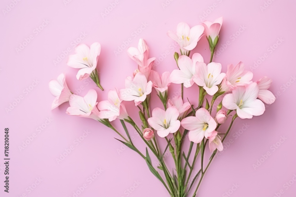  a bunch of pink flowers sitting on top of a pink table next to a white vase filled with pink flowers on top of a pink table next to a pink wall.