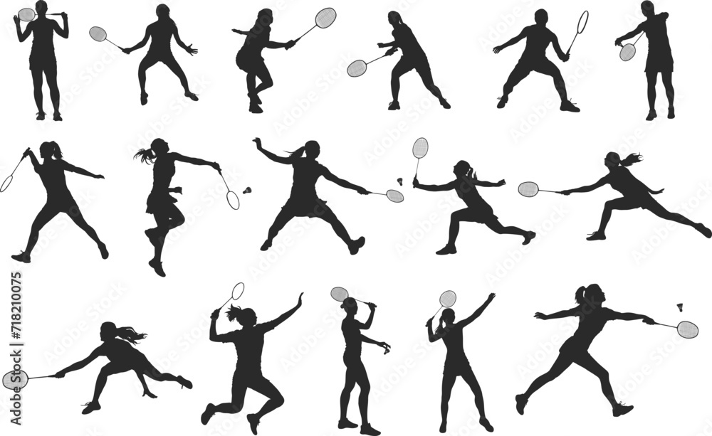 Female badminton players silhouettes, Badminton silhouettes, Badminton players svg, Badminton player clipart, Girl badminton silhouettes.