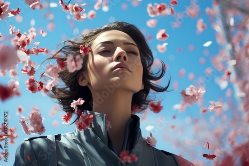 Japanese model immersed in a sea of virtual cherry blossom petals, gracefully floating against a sky-blue pastel wall