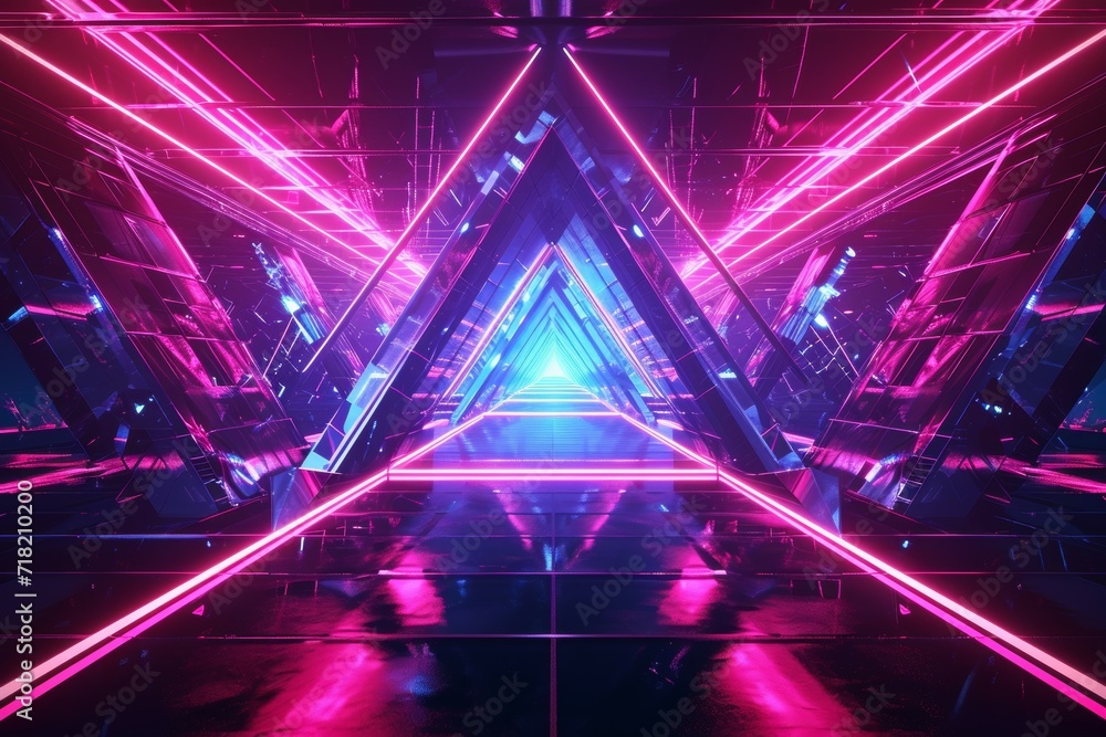Obraz premium abstract background with neon triangle at the end of the virtual geometric tunnel