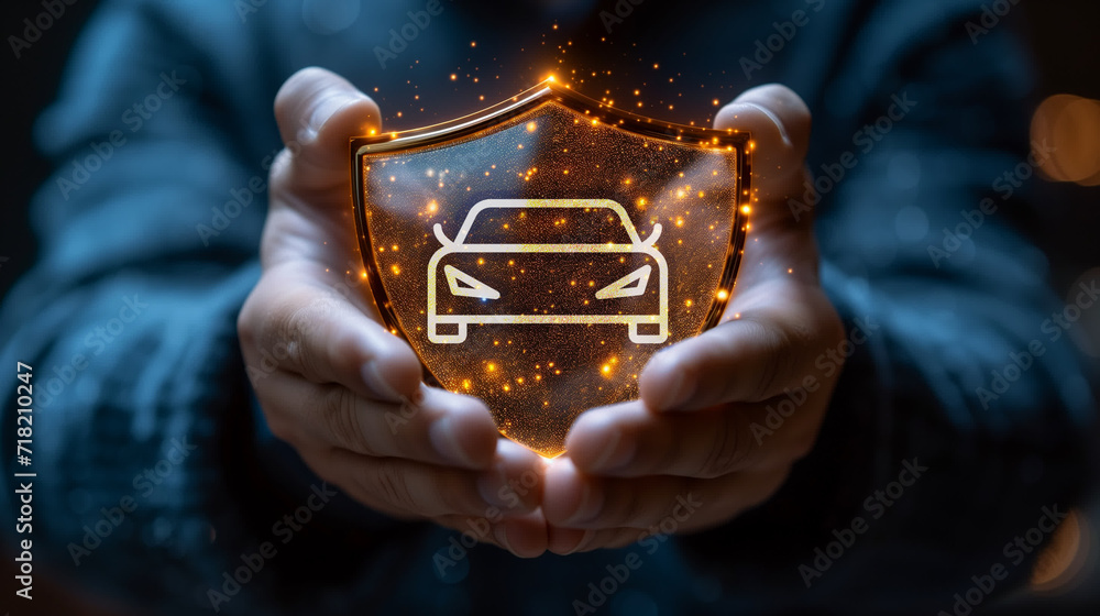 A man holds a shield in his hands, the shield depicts a car. concept auto insurance, safety, rental car