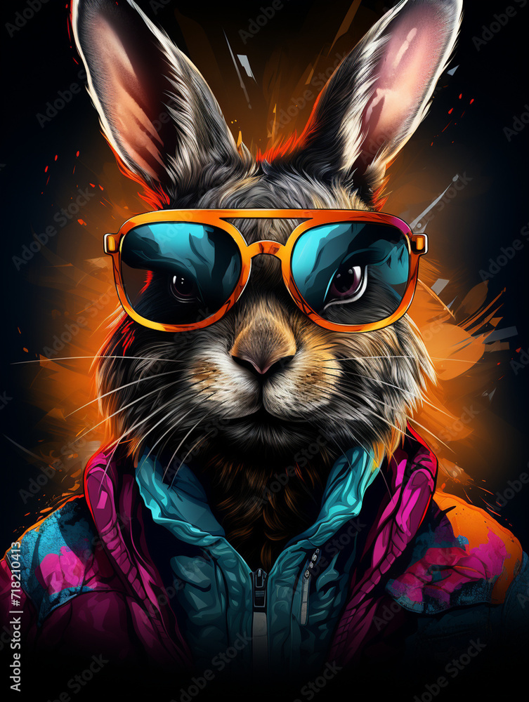 funny rabbit with glasses and a scarf projecting from the frame , in the style of pop art graphic design сreated with Generative Ai