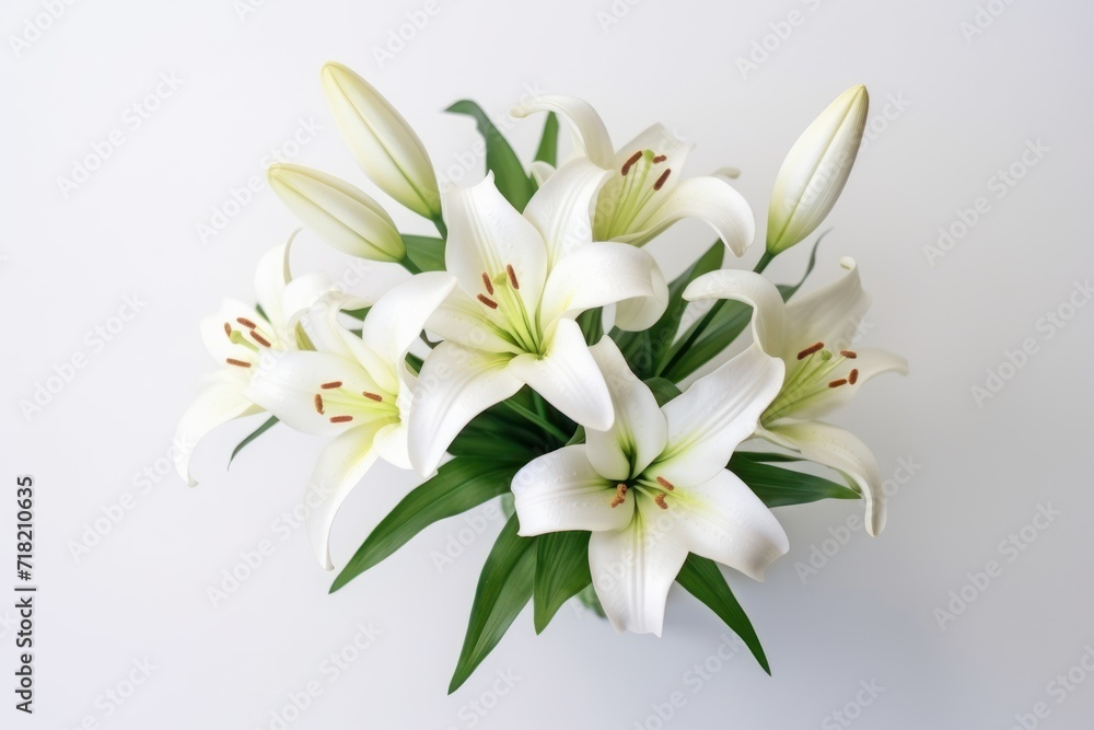  a bouquet of white lilies with green leaves on a white background with copy - space for text or image, top view of a bouquet of white lilies with green leaves on a white background.