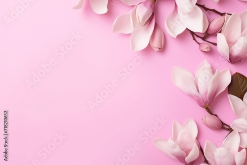  pink flowers on a pink background with a place for a text or an image of a branch of pink flowers on a pink background with a place for a text ornament. © Shanti