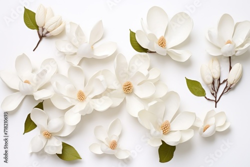  a group of white flowers with green leaves on a white background with a place for a text or an image to put on a card or place for a message.