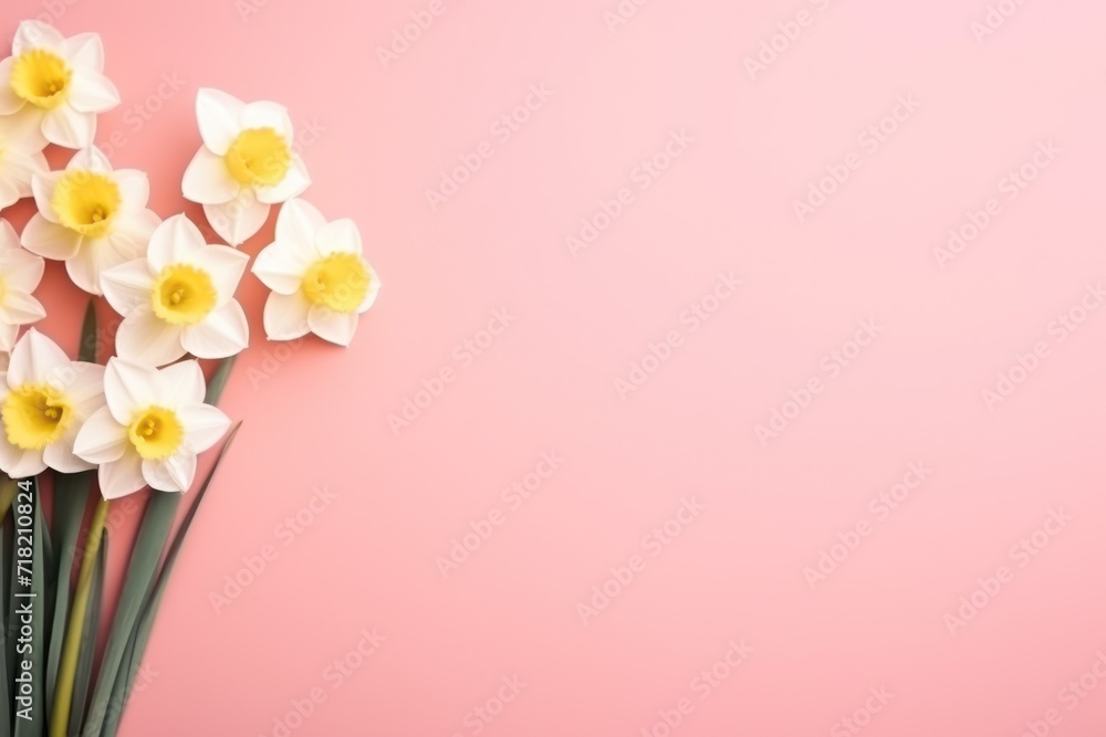  a bouquet of white and yellow daffodils on a pink background with a place for a text or an image with a place for a name ornament.