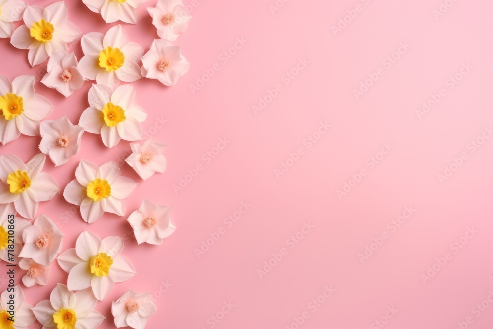  a pink background with white and yellow daffodils on the left side of the image and a yellow center on the right side of the middle of the image.