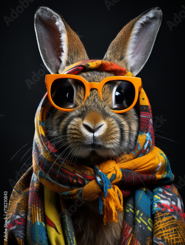 funny rabbit with glasses and a scarf projecting from the frame , in the style of pop art graphic design сreated with Generative Ai