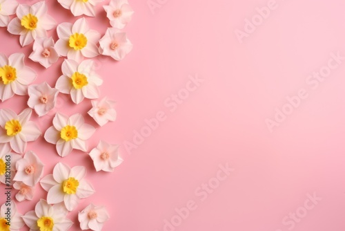  a pink background with white and yellow daffodils on the left side of the image and a yellow center on the right side of the middle of the image.