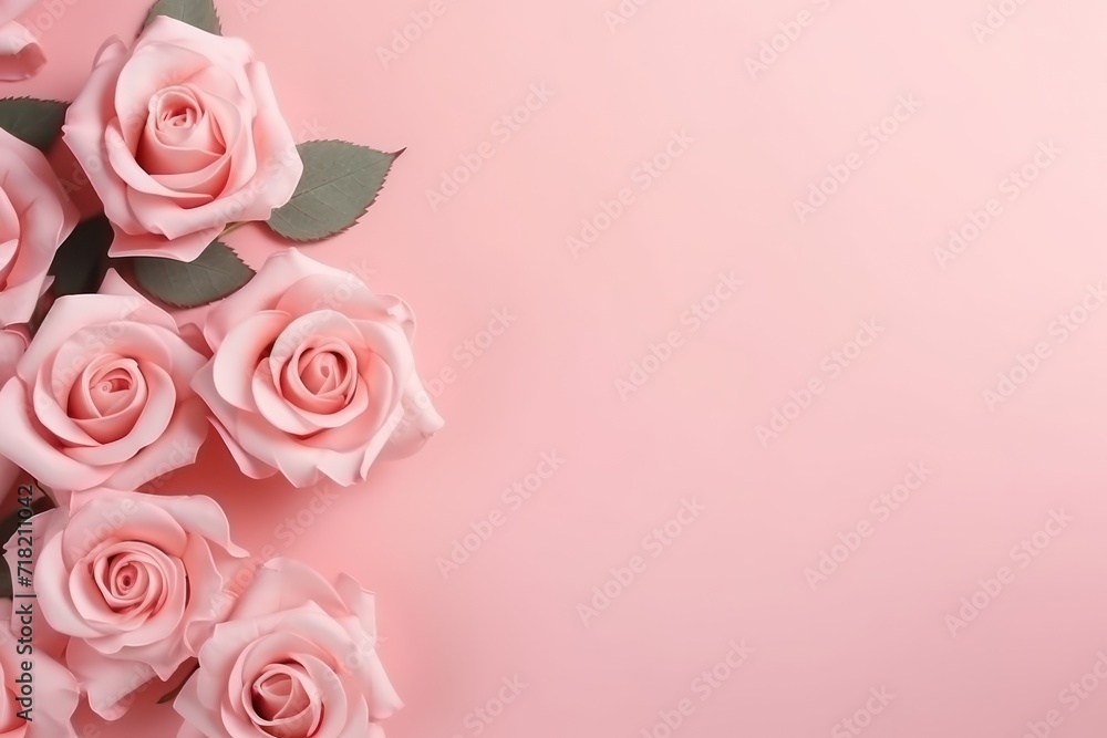  a bunch of pink roses with green leaves on a pink background with a place for a text or a picture of a bunch of pink roses with green leaves on a pink background.