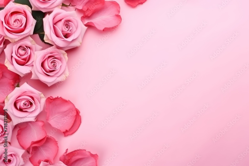  a bunch of pink roses on a pink background with a place for a message or a greeting card or a greeting card with a place for a name or a message.