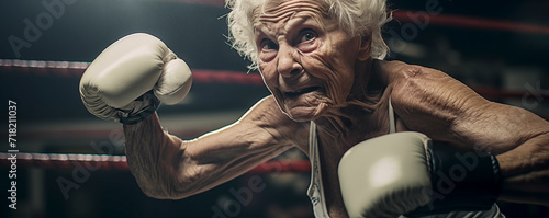 Elderly woman fighting on a ring in a kickbox suit