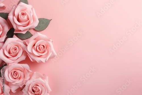  a bunch of pink roses with green leaves on a pink background with a place for a text or a picture of a bunch of pink roses with green leaves on a pink background. © Shanti