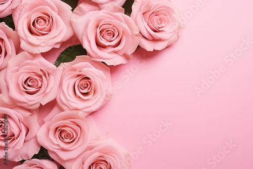  a bunch of pink roses laying on top of a pink background with a place for a text on the top of the image is a bunch of pink roses on a pink background. © Shanti