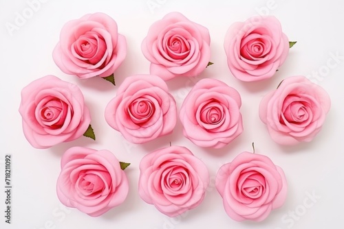  a bunch of pink roses sitting on top of a white table next to a pair of green leaves on top of a white table top of a white table next to a bunch of pink roses.