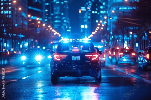 A sleek midsize police car cruises down a dimly lit city street, its wheels turning smoothly as the bright headlights illuminate the road ahead