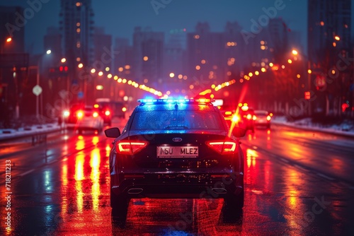 A red police car races through the wet city streets, its flashing lights illuminating the towering skyscrapers and reflecting off the slick road as it speeds towards its destination © Pinklife
