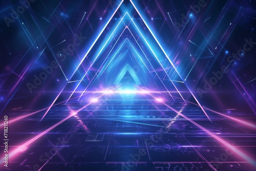 Blue neon triangular portal, glowing lines, triangle, tunnel, corridor, virtual reality, abstract fashion background, violet neon lights, arch, infrared spectrum vibrant colors, 