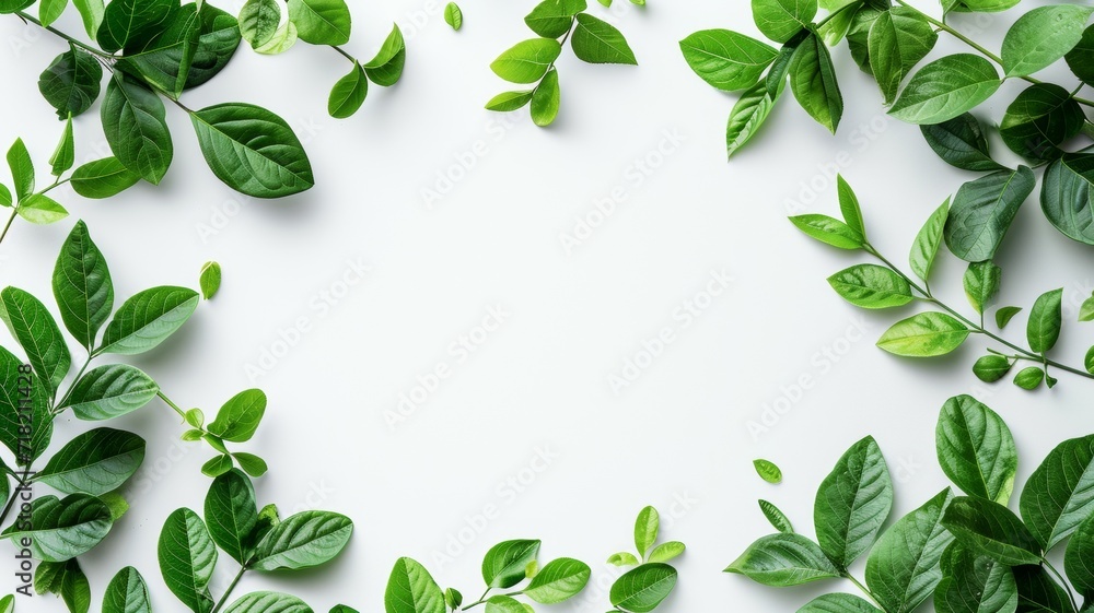 Green leaves and empty white watercolor sheet of paper background. Tree branches with leaves, blank card. Nature mockup, ecology poster. Top view, flat lay, close up, copy space Green leaves and empty white watercolor sheet of paper background. Tree branches with leaves, blank card. Nature mockup, ecology poster. Top view, flat lay, close up, copy space