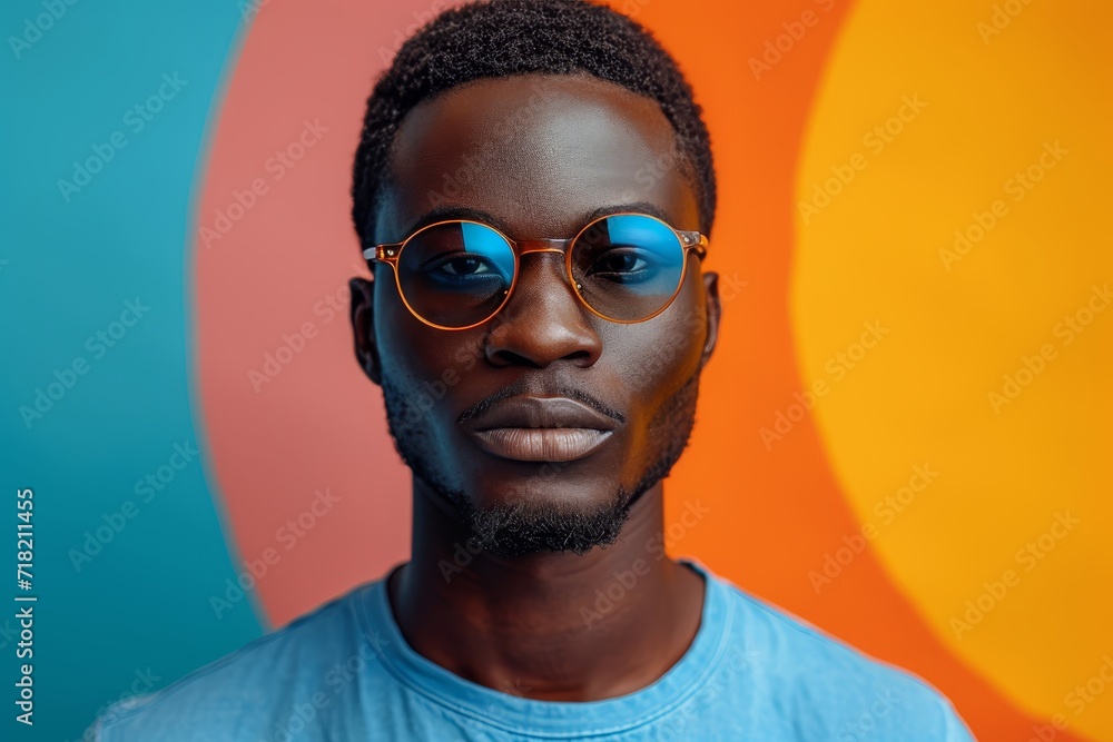 A stylish man with a confident gaze, sporting trendy eyewear and a blue shirt, exudes a sense of sophistication and intelligence A stylish man with a confident gaze, sporting trendy eyewear and a blue shirt, exudes a sense of sophistication and intelligence