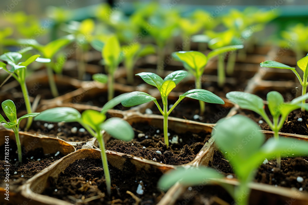 Close-up of plants growing from seeds of vegetables in a plastic pots Close-up of plants growing from seeds of vegetables in a plastic pots