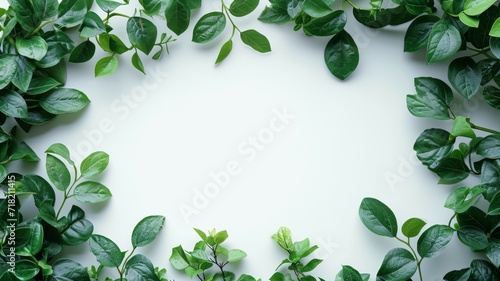 Green leaves and empty white  watercolor sheet of paper background. Tree branches with leaves  blank card. Nature mockup  ecology poster. Top view  flat lay  close up  copy space