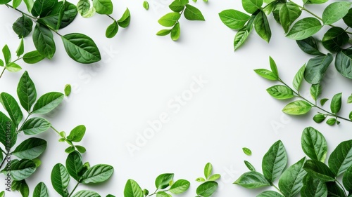 Green leaves and empty white watercolor sheet of paper background. Tree branches with leaves, blank card. Nature mockup, ecology poster. Top view, flat lay, close up, copy space