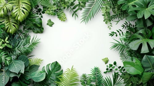 Green leaves and empty white  watercolor sheet of paper background. Tree branches with leaves, blank card. Nature mockup, ecology poster. Top view, flat lay, close up, copy space