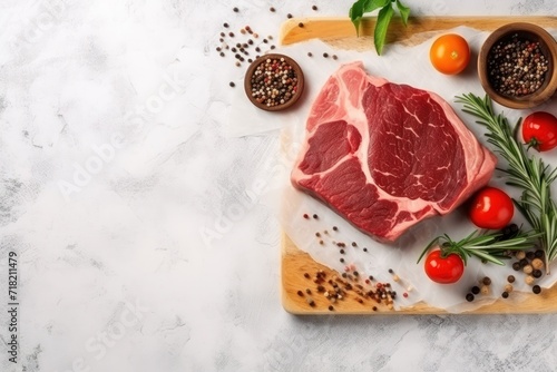  a piece of meat sitting on top of a cutting board next to a bowl of tomatoes, peppercorst, peppercorst, and a peppercorn.