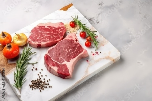  a couple of steaks sitting on top of a cutting board next to tomatoes, peppers, peppers, and a pepper shaker on top of a cutting board.