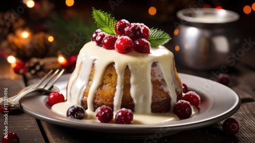  a white plate topped with a bundt cake covered in icing and topped with cranberries and topped with a minty green leaf and red berry garnish.