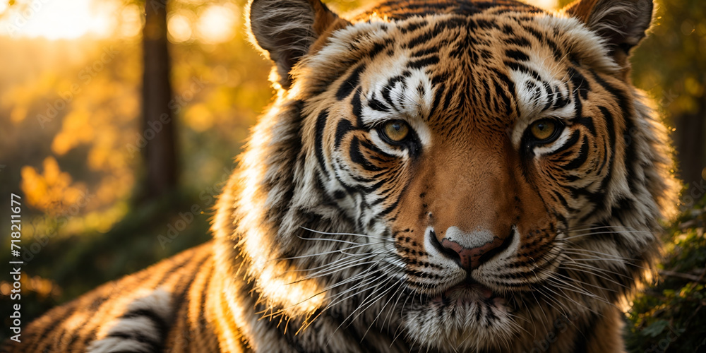 Naklejka premium Emerald fire in the Siberian dusk: A tiger's piercing gaze ignites awe in this capture. Golden sunlight paints its regal form, commanding respect and admiration.