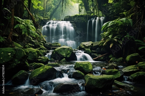  a small waterfall in the middle of a forest filled with lots of green mossy rocks and water flowing down the side of the waterfall in the middle of the forest.