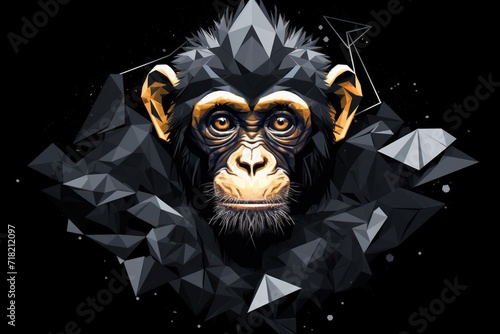  a monkey's head is shown in a low polygonic style, with a black background and a triangle - shaped triangle in the middle of the upper corner.