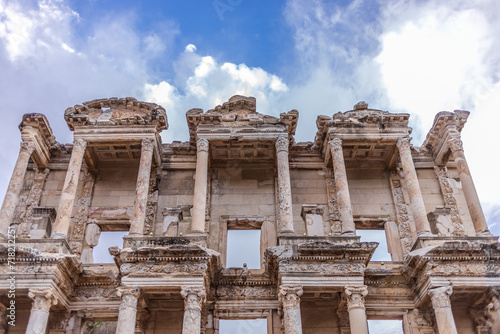 Façade of the Library of Celsus, Ephesus (Turkey). Ancient Roman library with Greek influence.