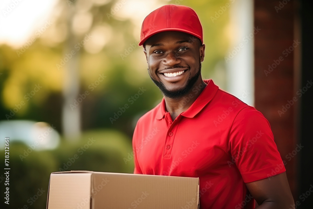 Young dark-skinned African-American delivery guy in red uniform smiling, holding cardboard box against the backdrop of cottage, sunset lighting. Delivery concept, ordering goods online Young dark-skinned African-American delivery guy in red uniform smiling, holding cardboard box against the backdrop of cottage, sunset lighting. Delivery concept, ordering goods online