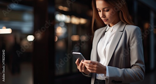 businesswoman using her phone in the office. business entrepreneur looking at her mobile phone and smiling 