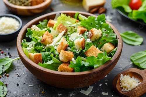 Close-up of ceramic bowl with delicious Caesar salad. Classic Italian salad with green Romano leaves, chicken fillet, Parmesan cheese, homemade croutons and dressing.