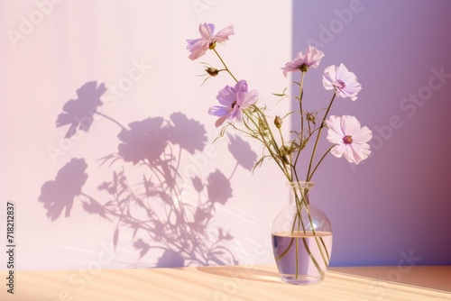  a vase filled with pink flowers sitting on top of a wooden table next to a shadow of a person s shadow on the wall behind the vase of the vase.