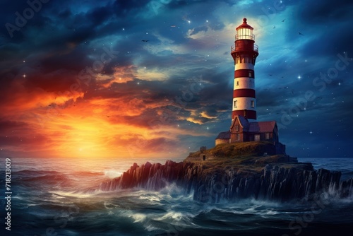  a painting of a lighthouse on a small island in the middle of a body of water with a sky full of clouds and a star filled with stars above it.